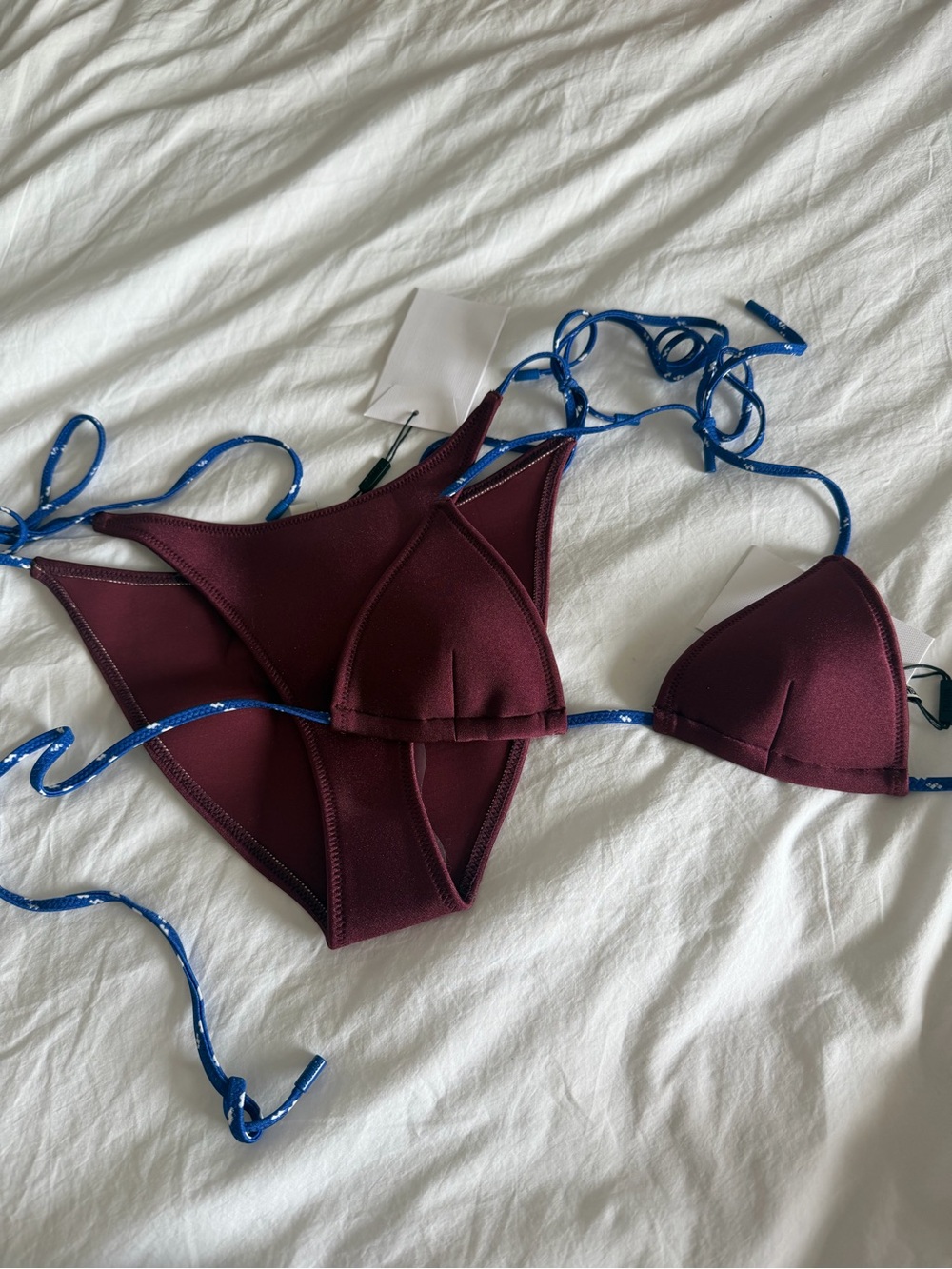 triangl swimwear Burgundy Triangle Bikini with Blue Ties